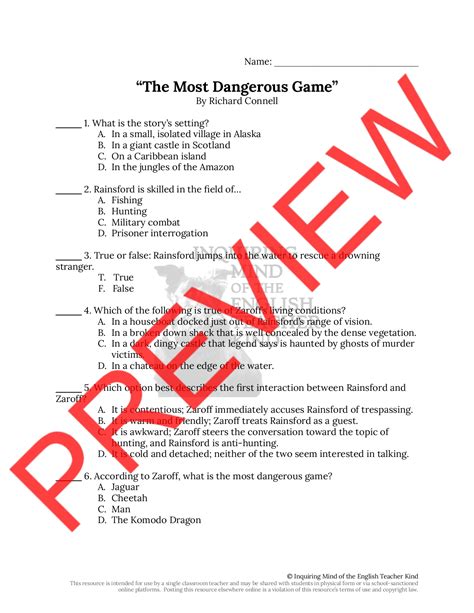This is a wonderful resource to check understanding, use as a question bank, or offer as a summative assessment of The Most Dangerous Game. . The most dangerous game commonlit assessment questions answers